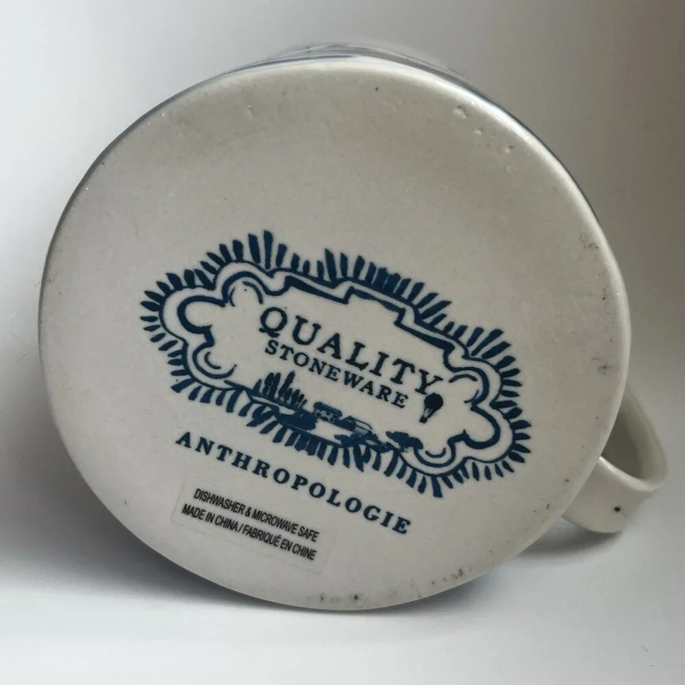 Anthropologie Buoyant Letters Coffee Mug "T" Monogram White Blue Stoneware Cup - Picture 2 of 9